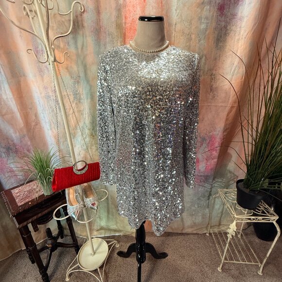VTG📌H&M Silver Metallic Sparkly Sequin A-Line Party - Cocktail - Cruise Dress - Picture 1 of 13